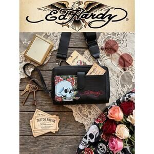 Ed Hardy Skull & Roses Crossbody Wallet NWOT